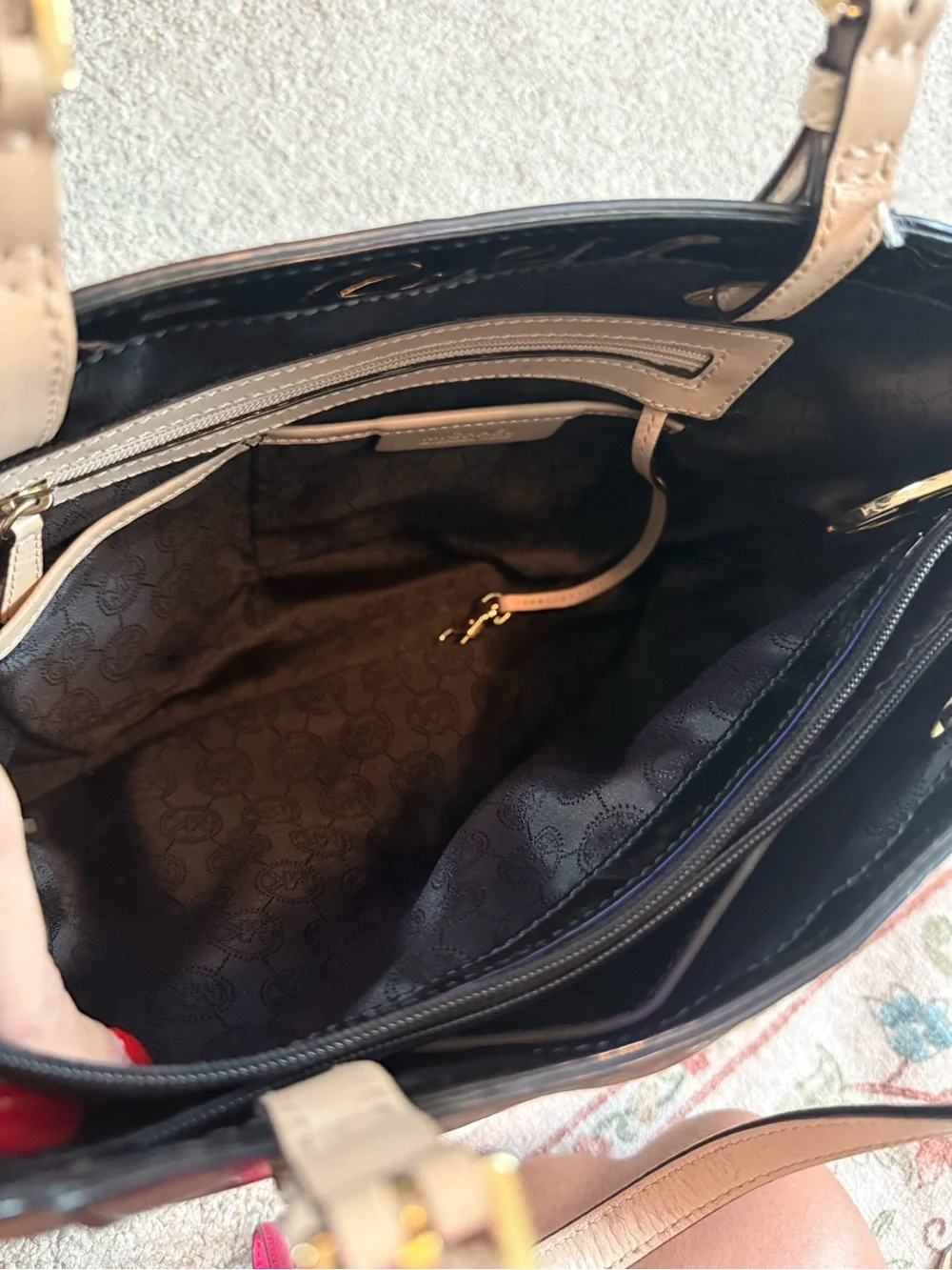 Michael Kors Black Patent Tote with Tan Leather Straps